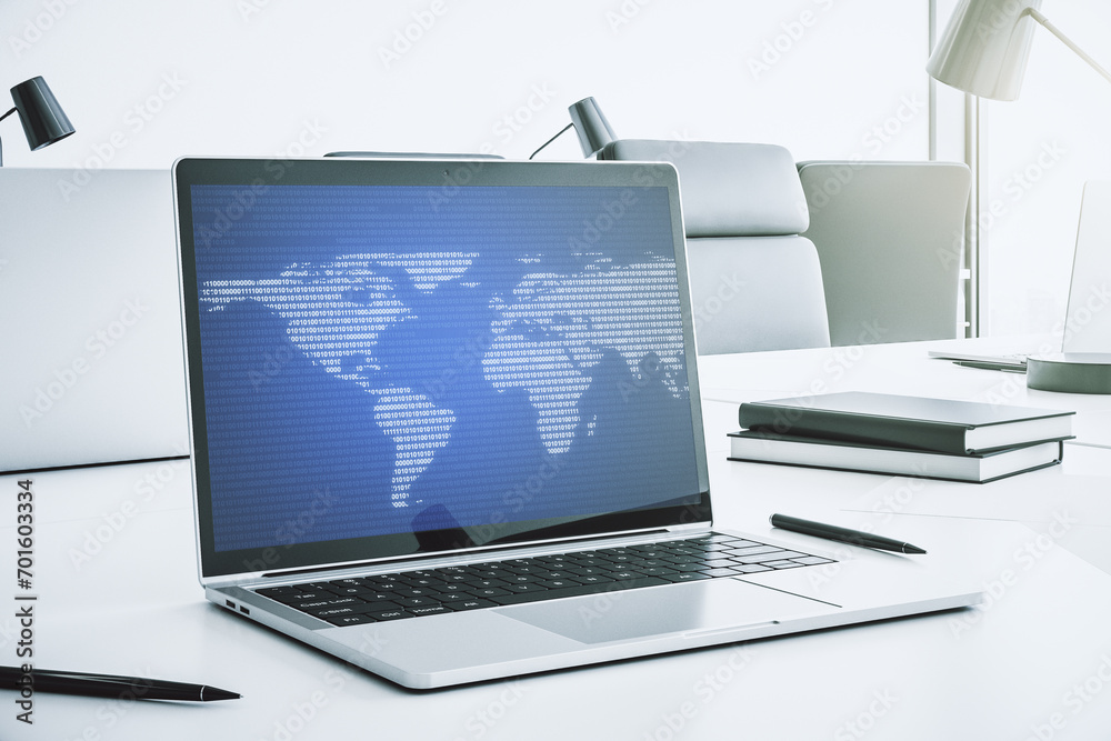 Poster abstract creative digital world map on modern laptop monitor, tourism and traveling concept. 3d rend