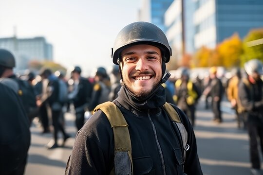 Portrait of a young man in protective clothing and helmet on the street