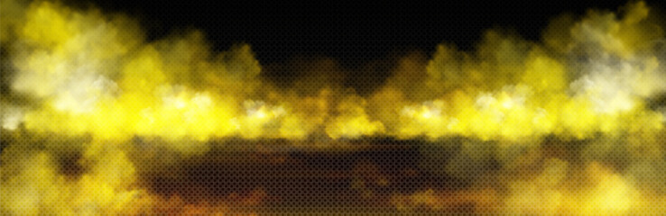 Yellow toxic smoke cloud with overlay effect on transparent background. Realistic haze of mystical atmospheric steam or condensation. Vector illustration of smoky mist or toxic vapor on floor. - obrazy, fototapety, plakaty