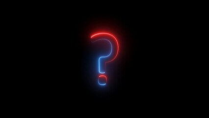 Glowing neon line animation and blue neon question mark symbol on alpha channel question icon  on black background 