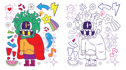 cute animal doodle illustration for book drawing page