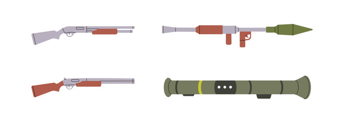 Fototapeta premium Various weapons. Military weapons silhouettes. Sniper rifles, smoothbore guns, anti-tank grenade launchers. Vector illustration.