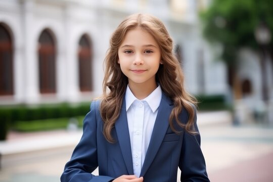 picture of happy teenage girl in business suit over school building background.