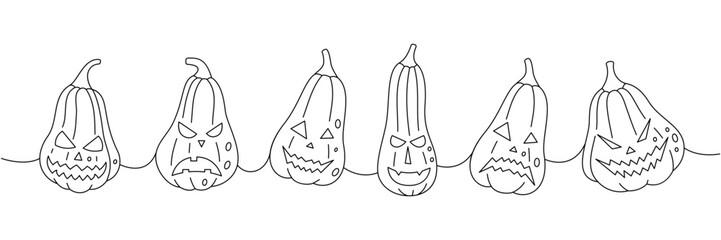 Autumn halloween pumpkins scary faces. Pumpkins faces set one line continuous drawing. Autumn halloween vegetables continuous one line illustration.