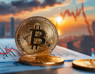 Gold Bitcoin crypto currency on background of dawn chart diagram depreciation