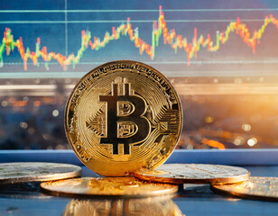 Gold Bitcoin crypto currency on background of dawn chart diagram depreciation