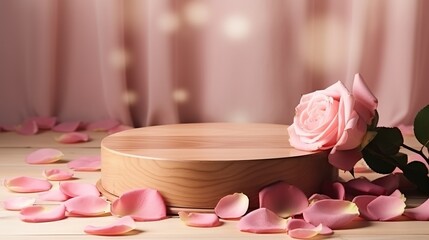 ooden podium with pink rose and petals to demonstrate products, cosmetics and gifts. Valentine, mother day and women day concept. Generative Ai