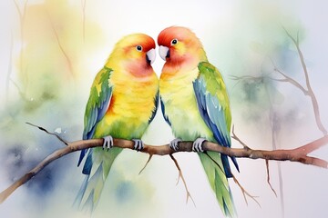 Charming watercolor painting of a pair of birds, their colorful plumage blending harmoniously in a tender, white setting.