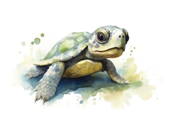 Cute watercolor painting of a baby turtle, its tiny form captured with delicate brushstrokes on a simple, white canvas.