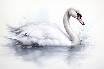 Fototapeta premium Watercolor painting of a graceful swan, its elegant form captured with soft brushstrokes against a pristine white backdrop.