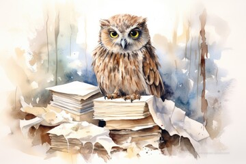 Watercolor of a wise owl sitting on a stack of envelopes against a backdrop of pure white.