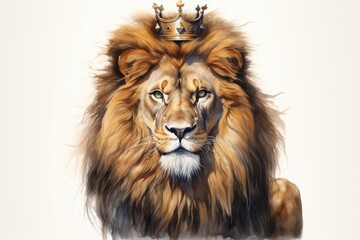 Majestic watercolor illustration of a roaring lion standing on a regal crown against a pristine white background.