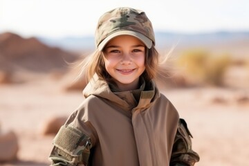 Portrait of a beautiful little girl in the desert wearing camouflage jacket