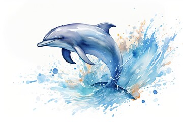 Playful watercolor rendering of a lively dolphin against a clean, white backdrop.