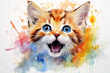 Watercolor of a playful kitten on a clean white canvas.