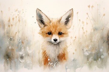 Watercolor painting of a curious fox against a backdrop of pure white.