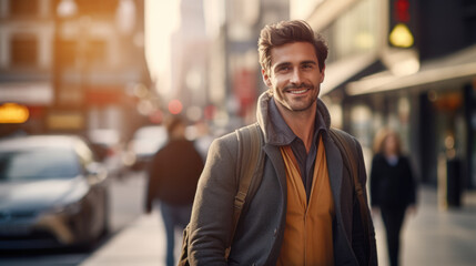 Portrait of a attractive smiling man with backpack on the busy city street	
