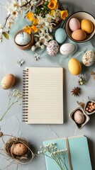 Easter holiday composition with empty notebook. Vertical background 