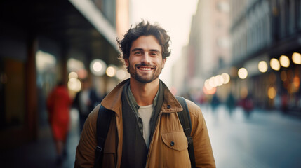 Portrait of a attractive smiling man with backpack on the busy city street	 - Powered by Adobe