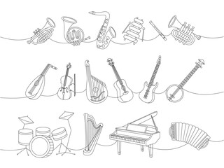 Musical instruments set. Tuba, trumpet, french horn, saxophone, xylophone, flute, lute, violin, bandura, acoustic guitar, american banjo, drum kit.