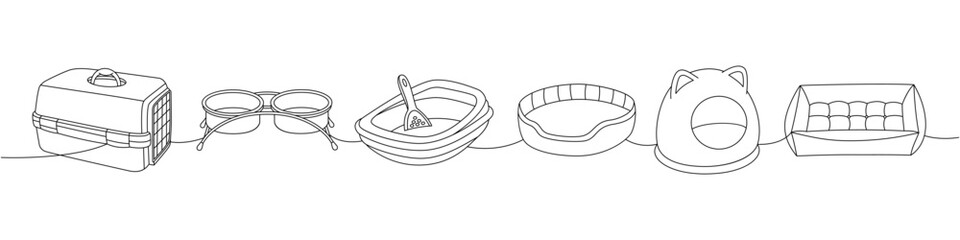 Pet supplies. Carrying case, dogs bowl, pet toilet, cat litter box, pets bed, cushion pillow sleep, dog house continuous one line illustration.
