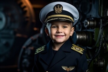 Portrait of a boy in a pilot's uniform. Studio shot.