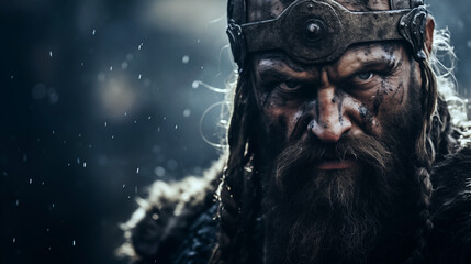 stoic viking warrior with intense gaze amidst a rainstorm wallpaper background