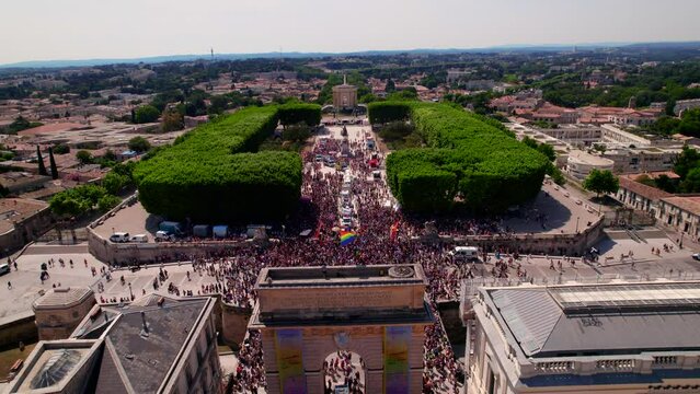 Aerial view of Montpellier pride march, France