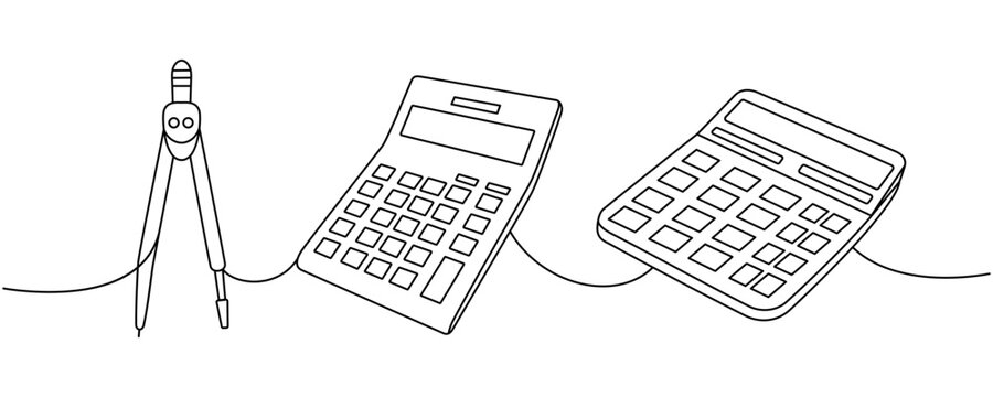 School supplies collection. Back to school one line drawing. Calculators, compass divider, distance measuring instrument continuous one line.
