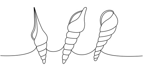 Sea shells. Sea shells, mollusks, scallop, pearls. Tropical underwater shells continuous one line illustration. Vector minimalist linear illustration. - obrazy, fototapety, plakaty