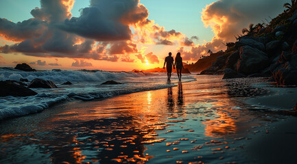  couple walk on the beach at sunset - obrazy, fototapety, plakaty