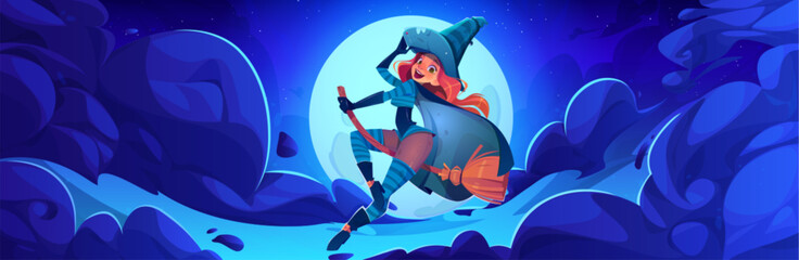 Young woman witch flying on broom in sky at night. Cartoon vector Halloween illustration of cute female smiling character on magic broomstick on background of dark blue sky with clouds and full moon.