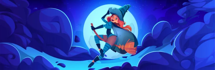 Tuinposter Young woman witch flying on broom in sky at night. Cartoon vector Halloween illustration of cute female smiling character on magic broomstick on background of dark blue sky with clouds and full moon. © klyaksun