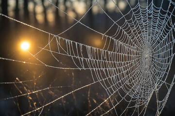 Water drops on spider's web, frozen
