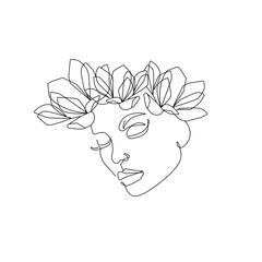 Woman Head with Flowers Line Vector Drawing. Style Template with Female Face with Flowers. Modern Minimalist Simple Linear Style. Beauty Fashion Design