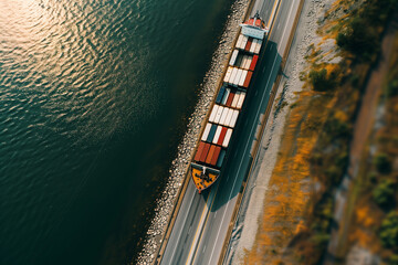 container ship on road. top view.