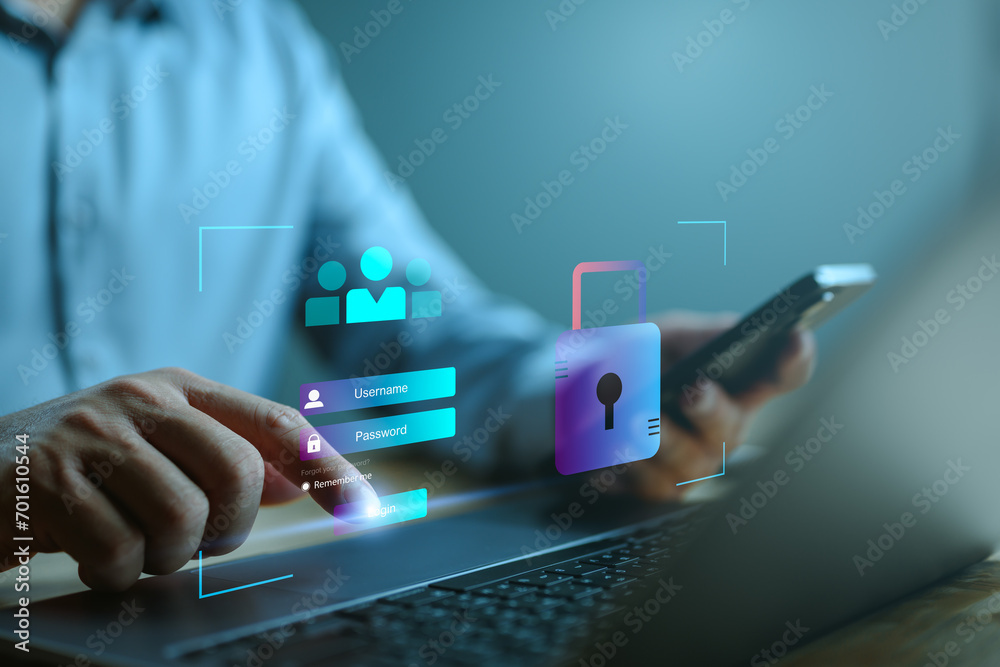 Poster cybersecurity concept, cyber secure digital information, user privacy security and encryption, secur