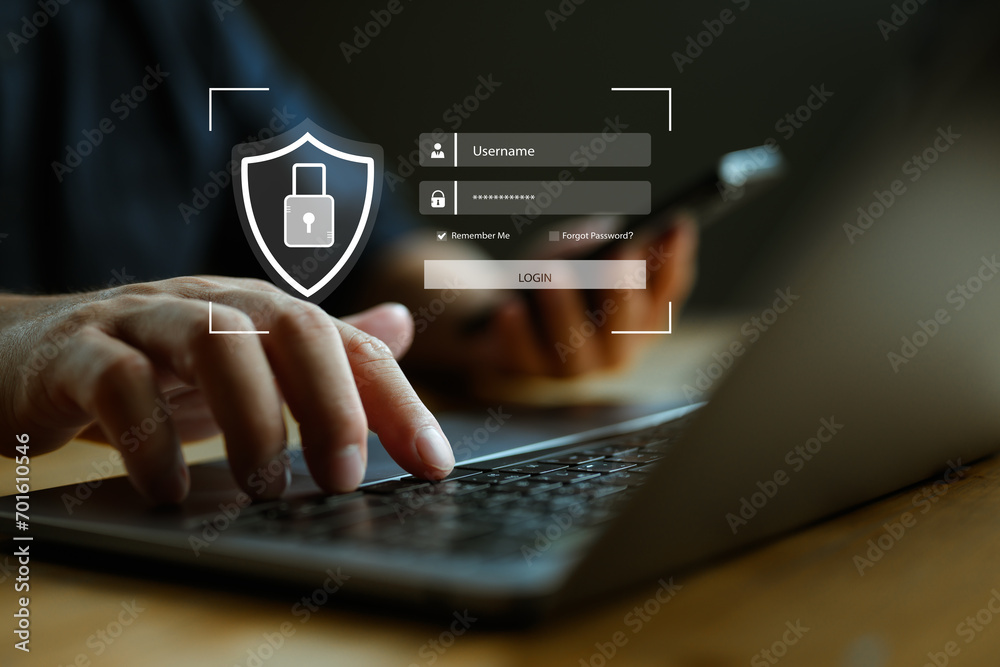 Fototapete Cybersecurity concept, cyber secure digital information, user privacy security and encryption, secure internet access network technology and cybernetics, screen padlock icon, privacy, safety, protect