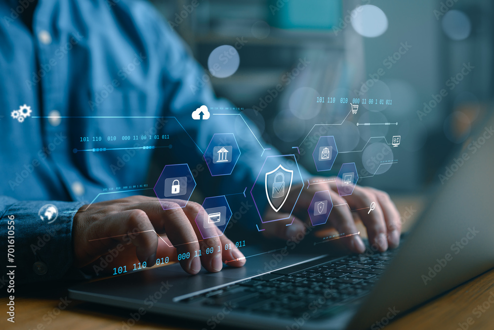 Poster cybersecurity concept internet global network security technology, business people protect personal 