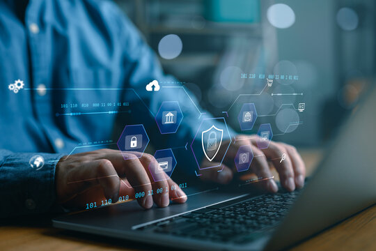 Cybersecurity concept internet Global network security technology, business people protect personal data and information. Encryption with a padlock icon on virtual interface, privacy, safety, cloud