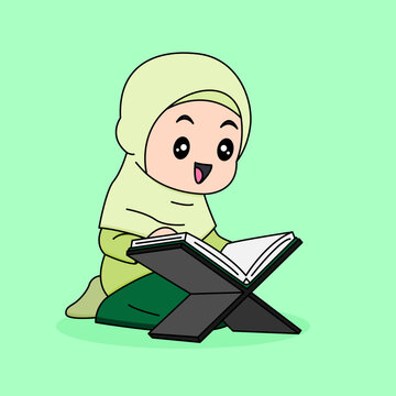 Vector Design of Muslim kids reading quran ( the holy book of Islam )