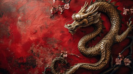 Obraz premium Happy new year 2024 year of the golden dragon zodiac on red paper background concept for Happy Chinese New Year banner template. Traditional Lunar festival red grunge paper background.