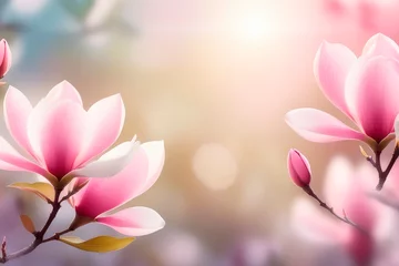 Schilderijen op glas Closeup of blooming magnolia tree in the spring sun rays in spring. © elena_hramowa