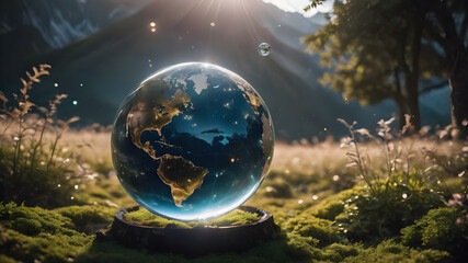 World globe cystal glass in nature.. Environmental conservation World environment day.  AI generated image, ai