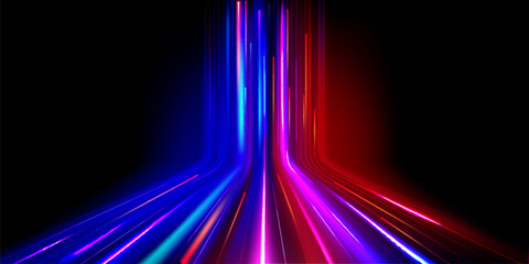 Neon glowing fiber with high speed motion effect. Blue and red line streaks of data network or energy flow. Realistic vector illustration of modern technology particle with fast luminous movement. - obrazy, fototapety, plakaty