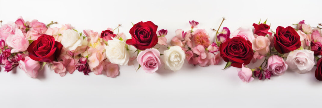 Beautiful pink and red roses background with copy space. Spring blossom concept for wedding, women, Mother, 8 March, Valentine's day