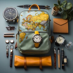 Traveler's accessories and items for travel plane copyspace