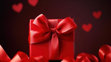 Valentine's Day gift concept with red box and heart-shaped bokeh. Holiday celebration and love.