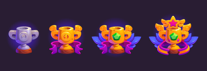 Award goblet and trophy cup for game level rank ui design. Cartoon vector illustration set of silver and golden winner prize with ribbons, wings and gems. Various stages of treasure prize evolution.