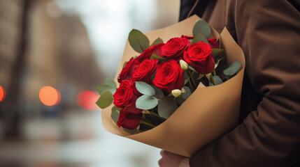 Man with beautiful bouquet of roses in his hand on the street